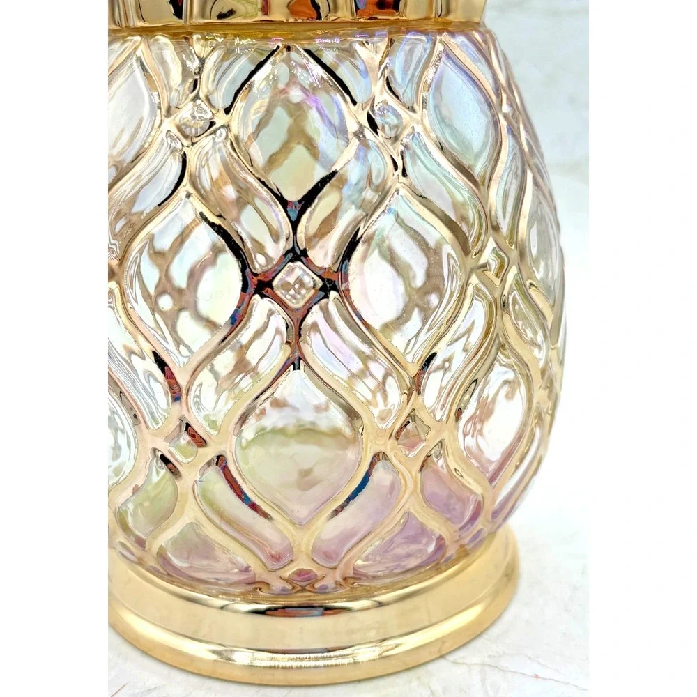 Bath & Body Works Glass Pineapple 3-Wick‎ Candle Holder Pedestal Gold Iridescent
